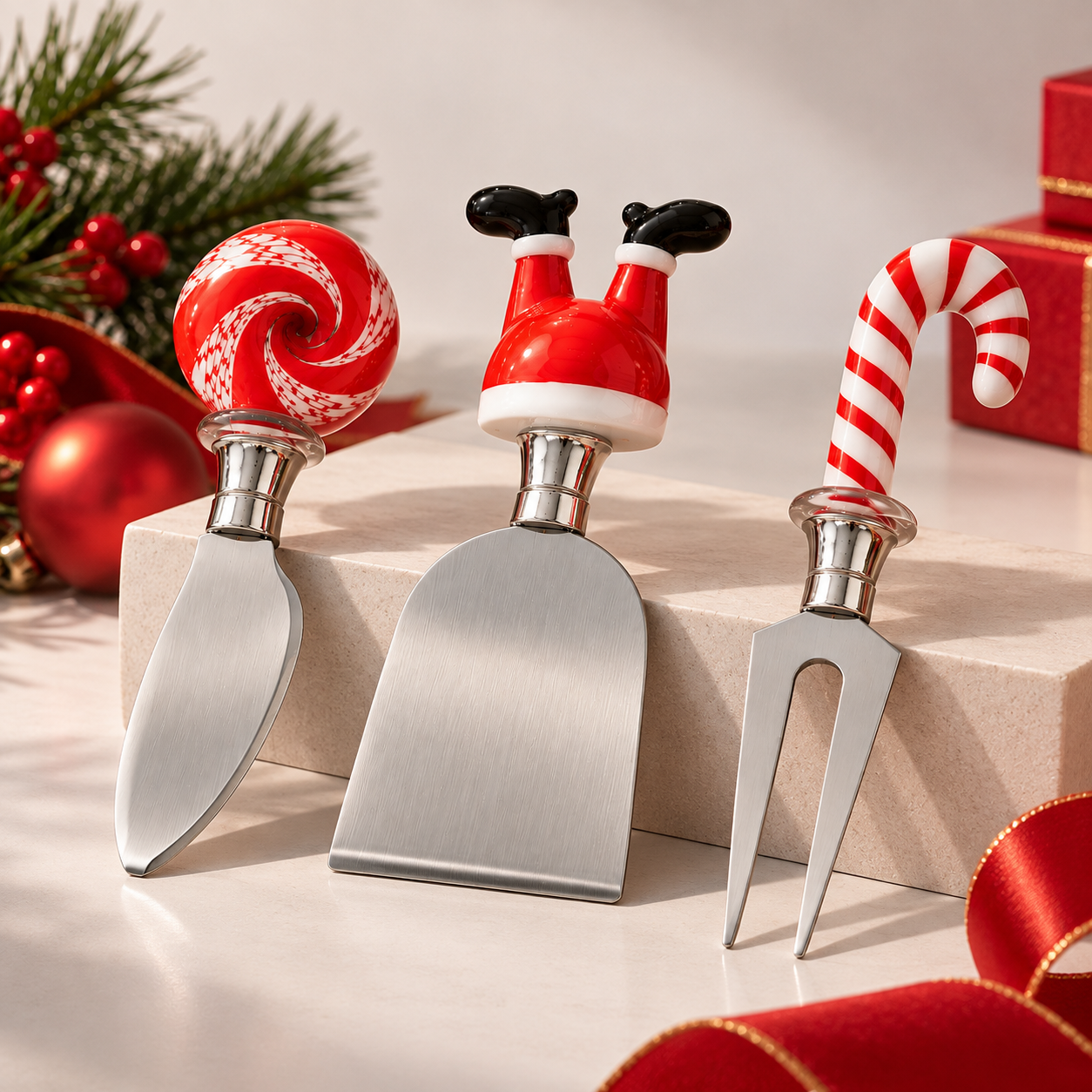 Jogo 3 Espátulas para Queijo de Natal Metal e Vidro