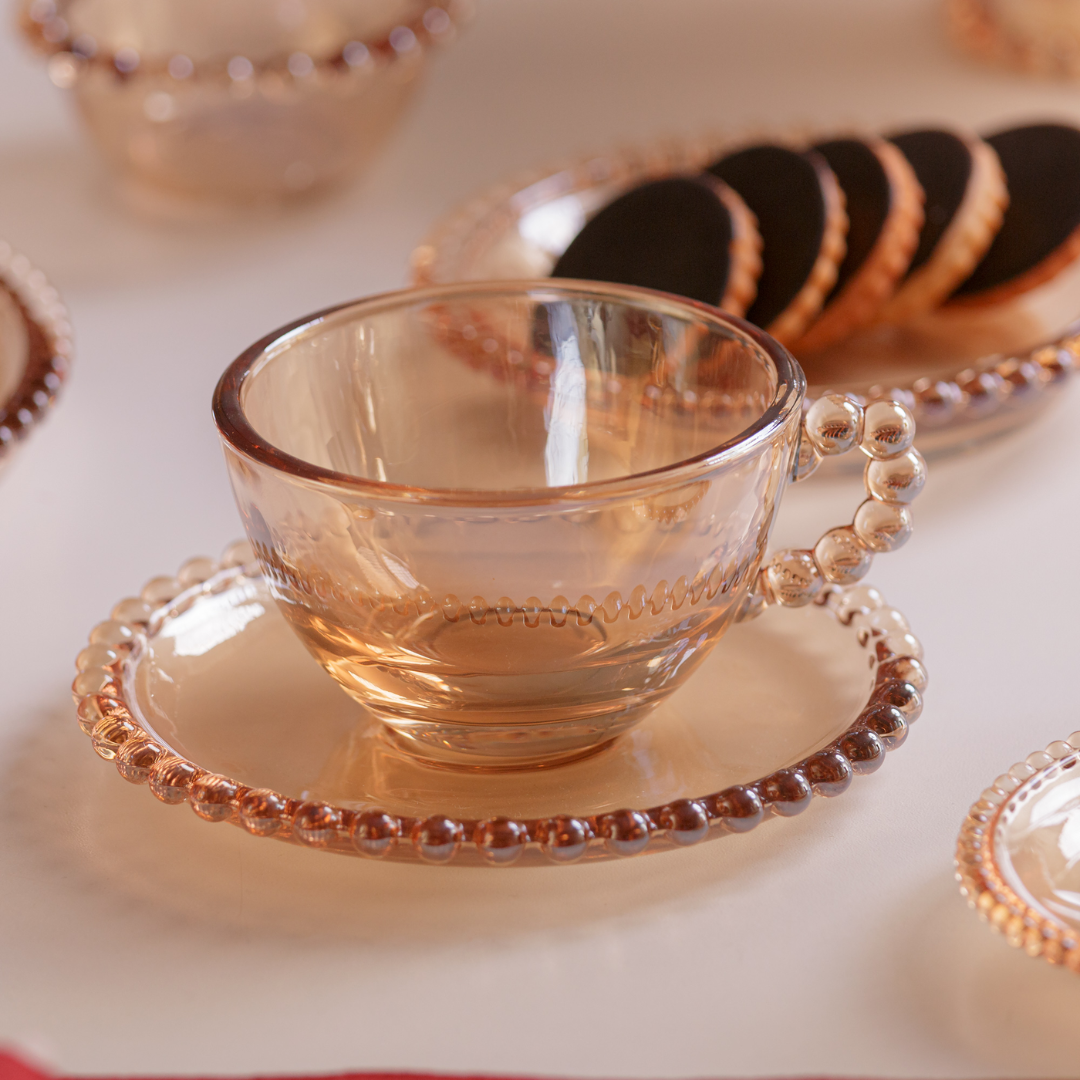 Jogo 4 Xicaras para Chá em Cristal com Pires Pearl Âmbar 180ml