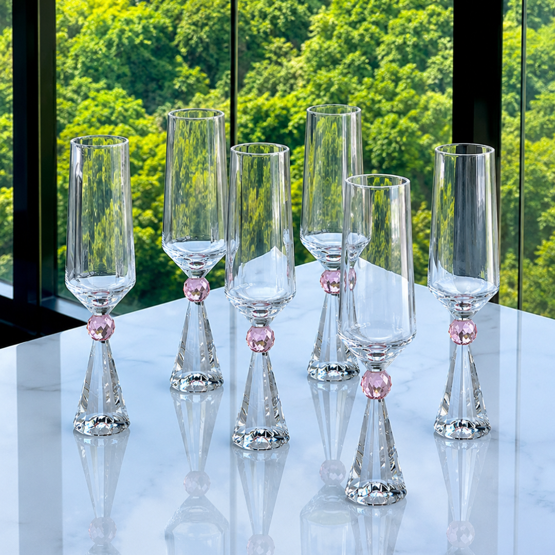 Jogo 6 Taças Base Cristal para Champanhe Rosa 305ml  na bancada