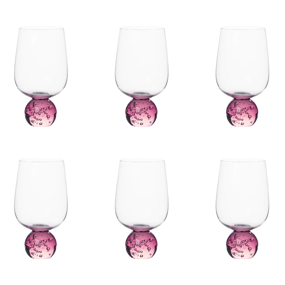 Jogo de 6 taças com base esfera rosa e corpo transparente 550ml