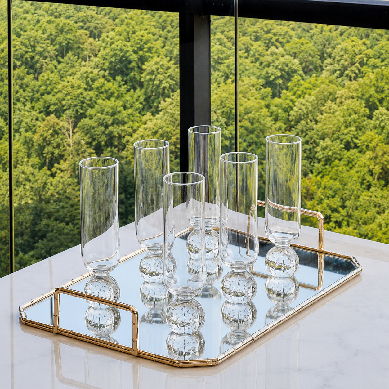 Jogo 6 Taças Base Esfera para Champanhe Transparente 220ml na bancada