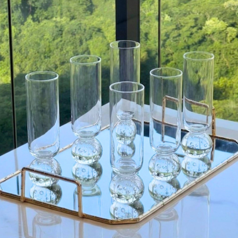 Jogo 6 taças champanhe base esfera transparente 250ml em bandeja espelhada