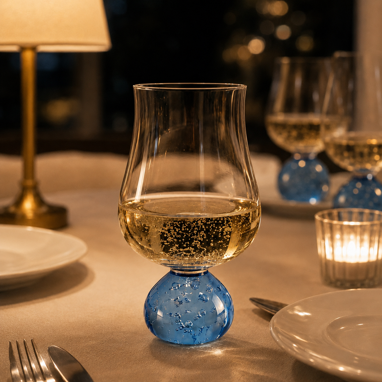 Jogo 6 Taças Base Esfera para Vinho Azul e Transparente 440ml na mesa