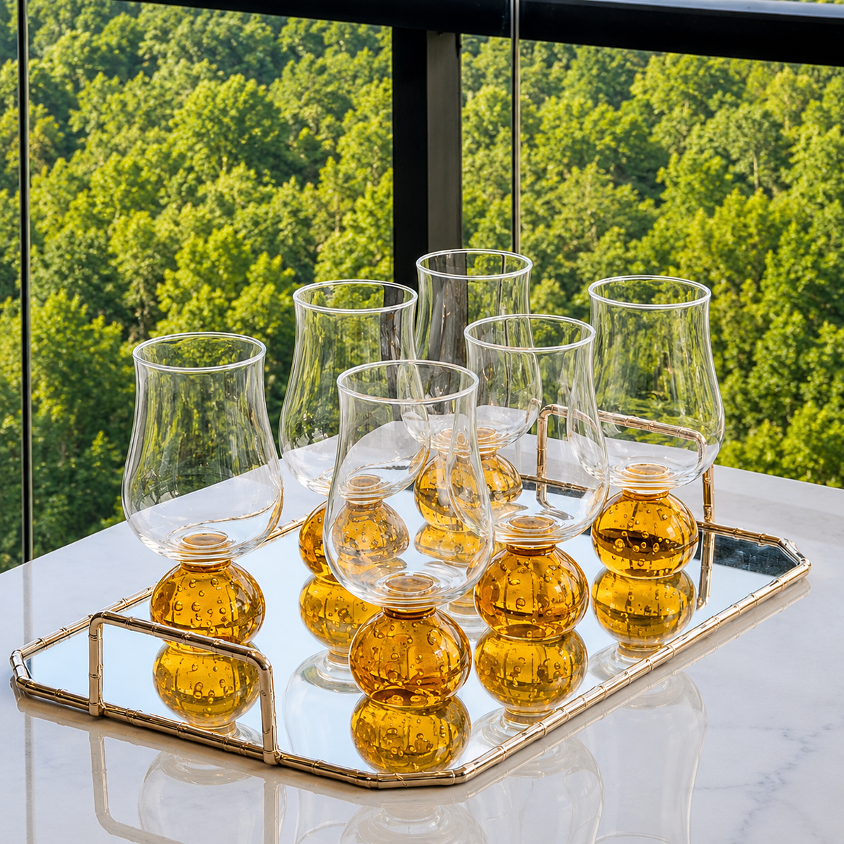 Jogo 6 Taças Base Esfera para Vinho Âmbar e Transparente 440ml na bandeja
