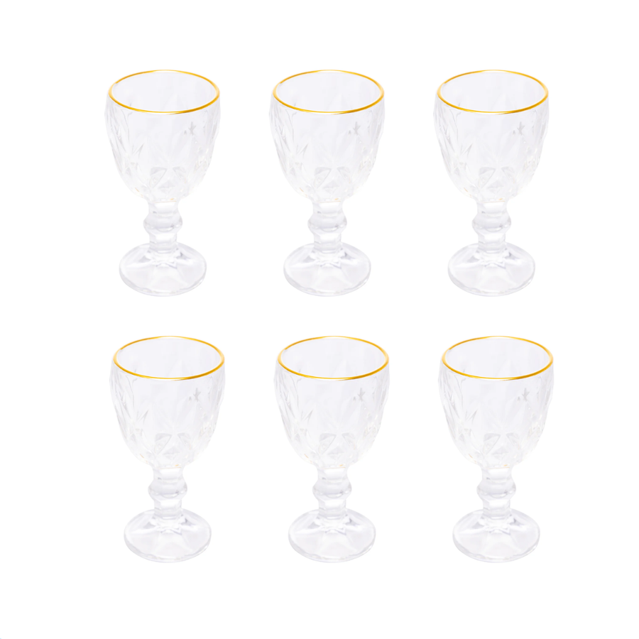 Conjunto completo de 6 taças de licor com detalhe geométrico e acabamento dourado