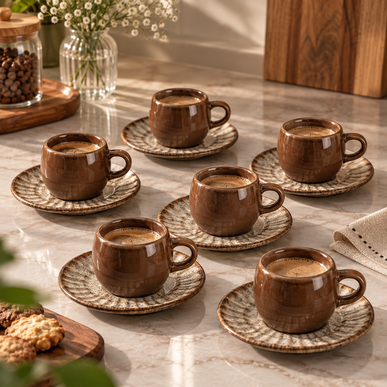 Jogo 6 Xicaras de Café com Pires Agata Bege 100ml com café