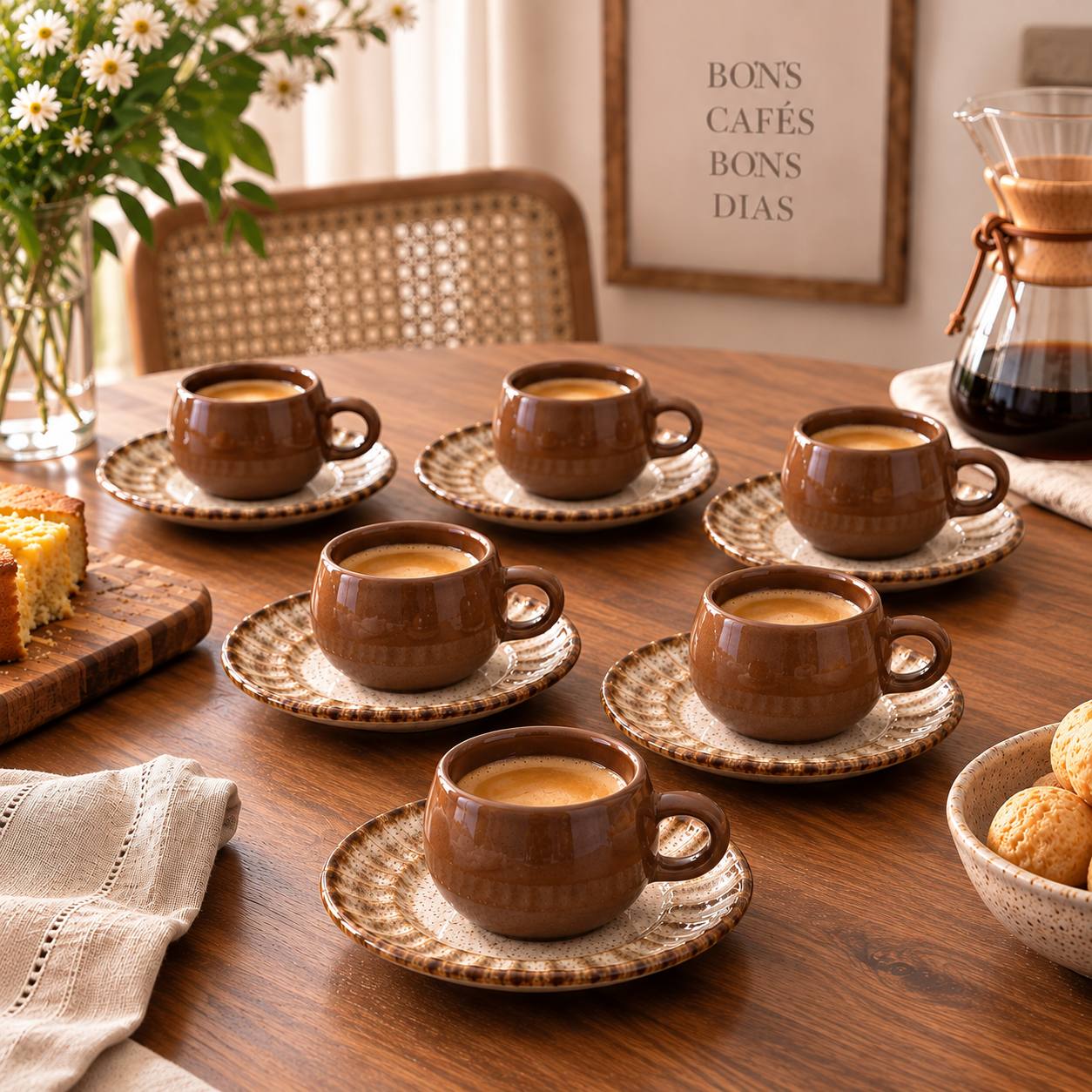 Jogo 6 Xicaras de Café com Pires Agata Bege 100ml com café na mesa 