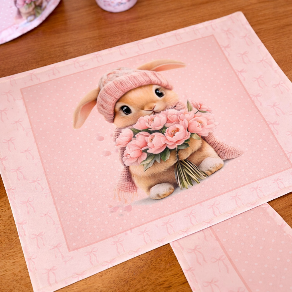 Jogo Americano Coelho Toca Páscoa Rosa 34cm x 44cm  na mesa 