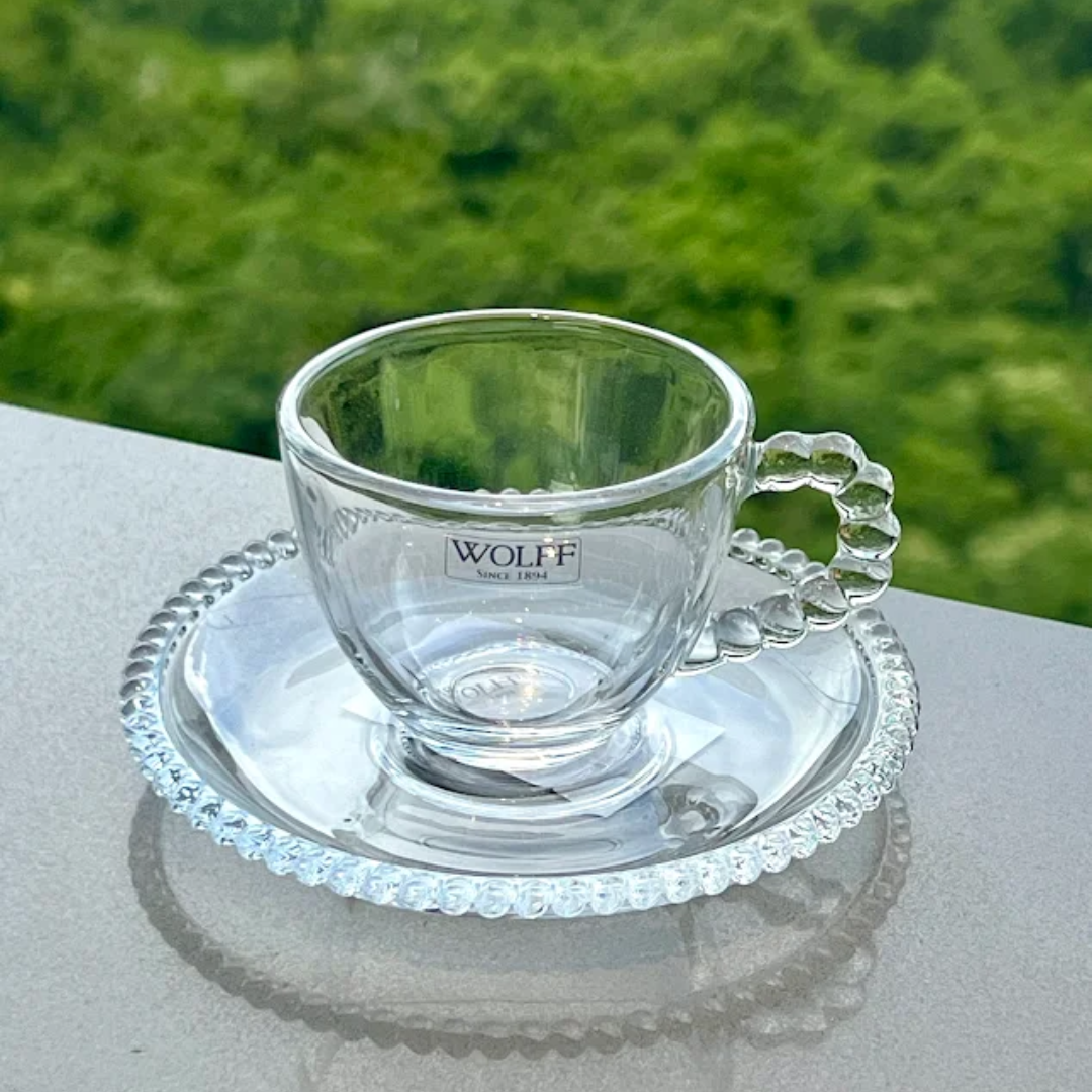 Jogo de Xícaras de Café Cristal Com Pires Pearl Bolinha 4 Peças - 80ml