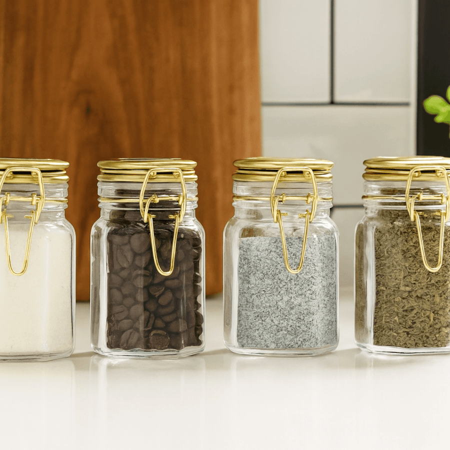 Porta temperos herméticos de vidro com café sal e ervas em cozinha moderna