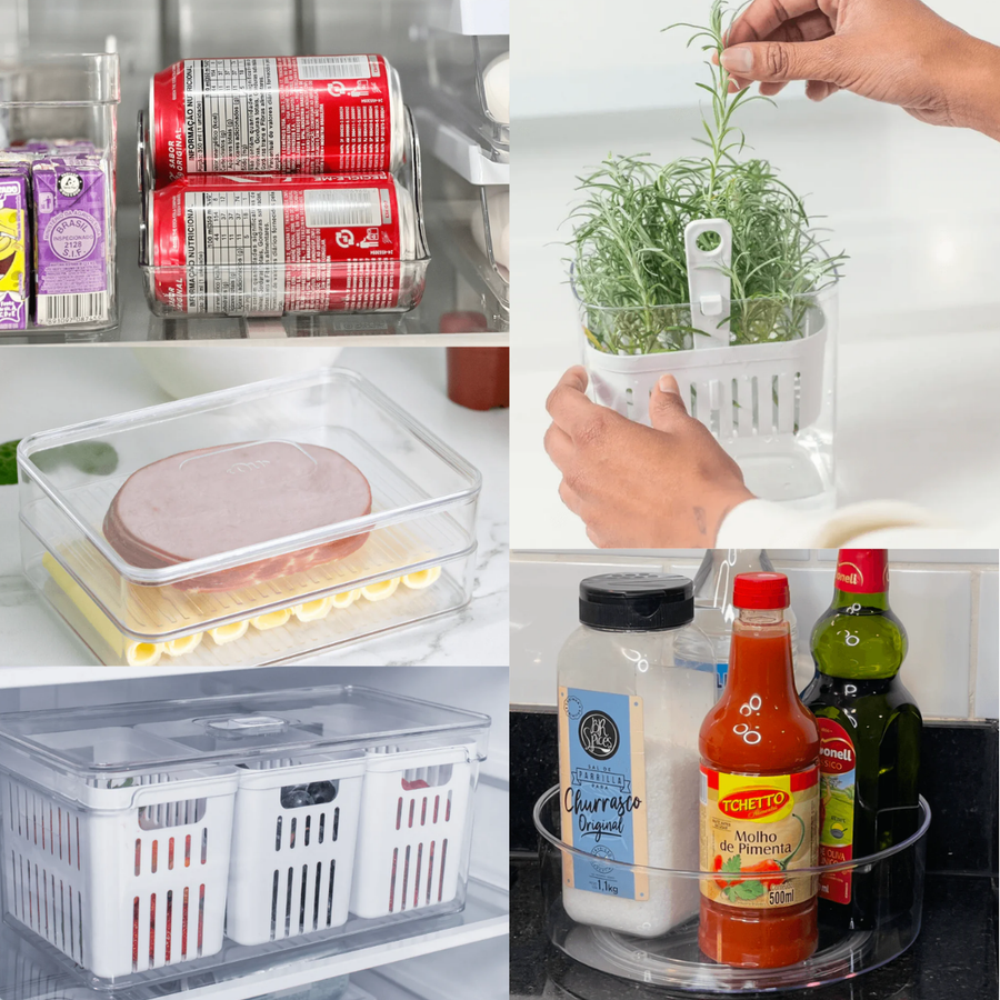 detalhe de organizador giratório com condimentos e porta-ervas com alecrim fresco