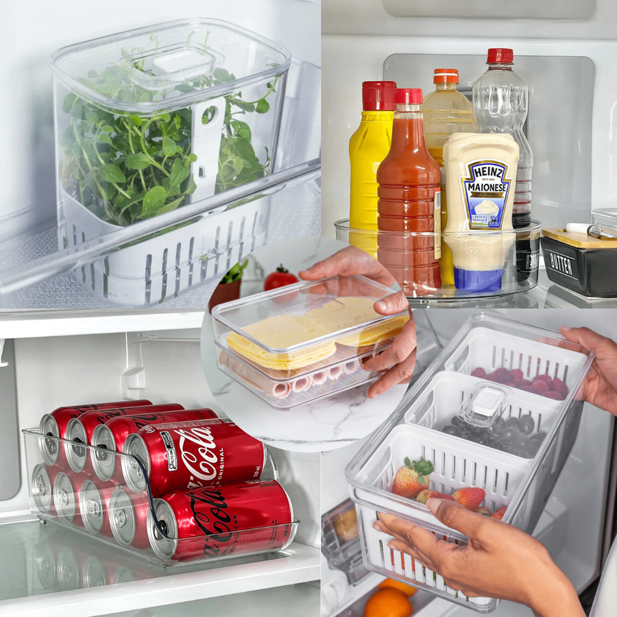 kit organizadores transparentes dentro de geladeira com verduras latas e molhos
