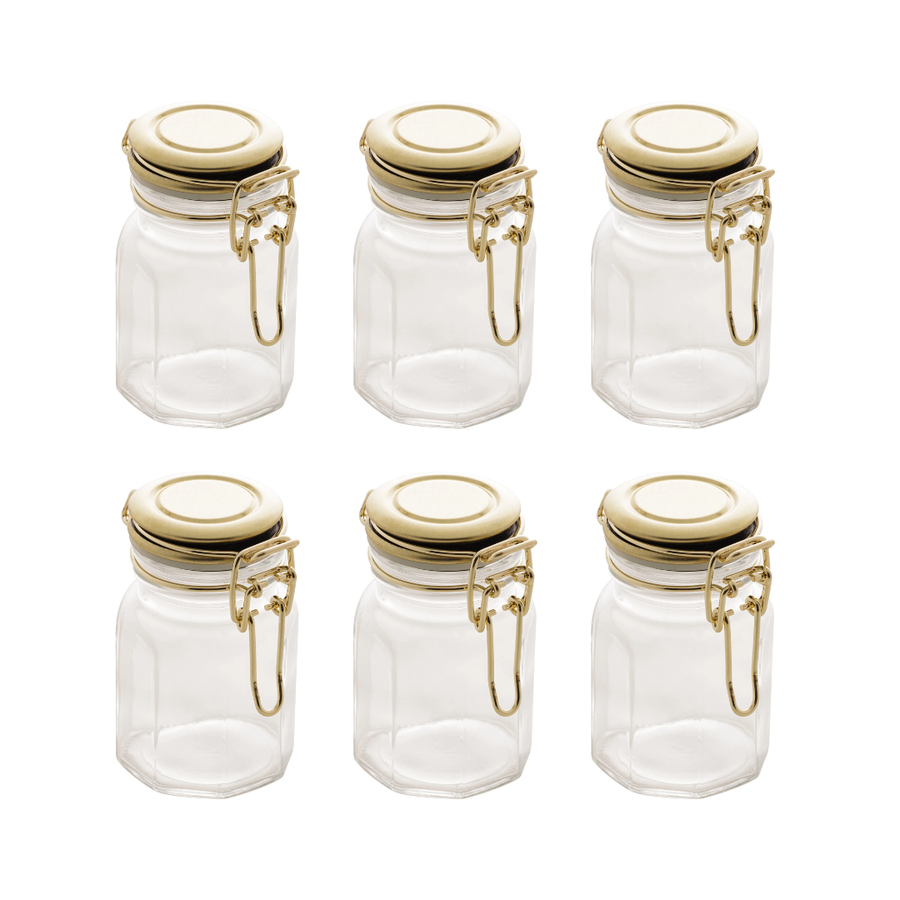 Kit seis potes herméticos de vidro octagonal com tampa e grampo dourado vazios