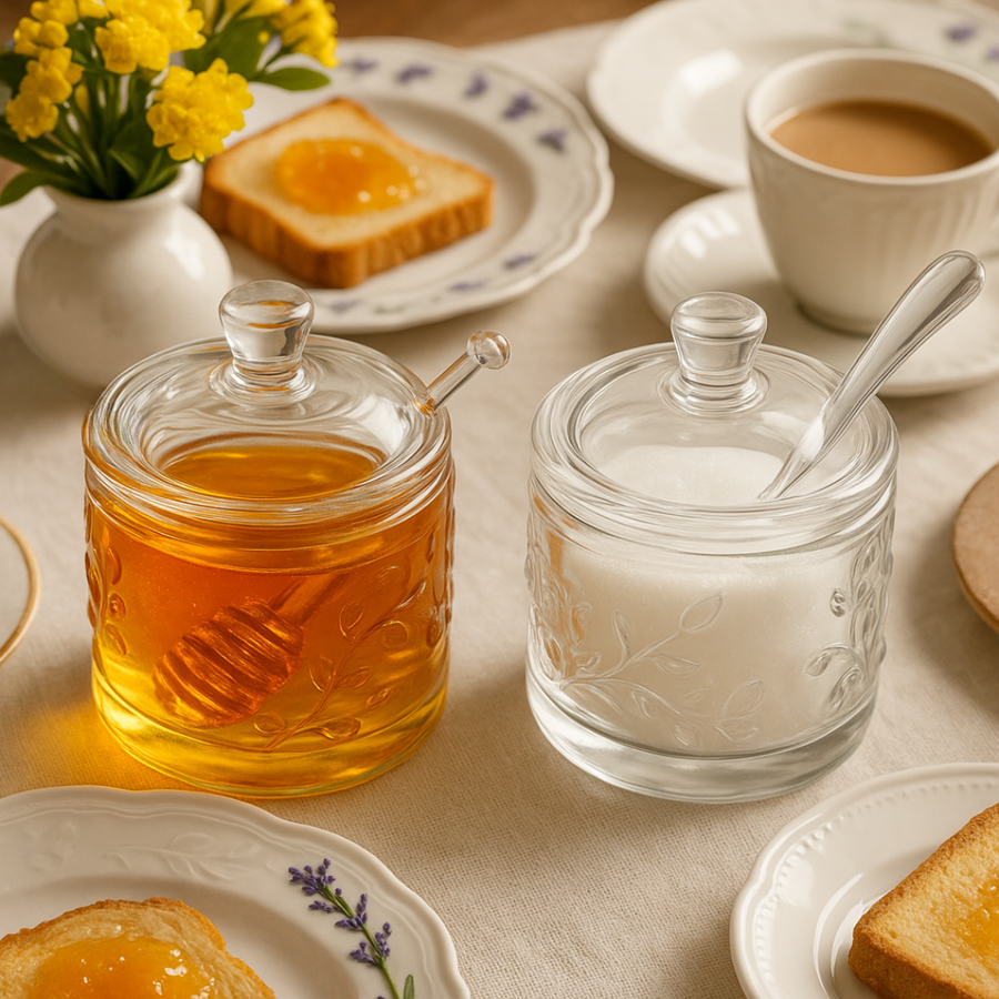 Açucareiro e meleira em vidro sobre mesa posta com café e pão torrado