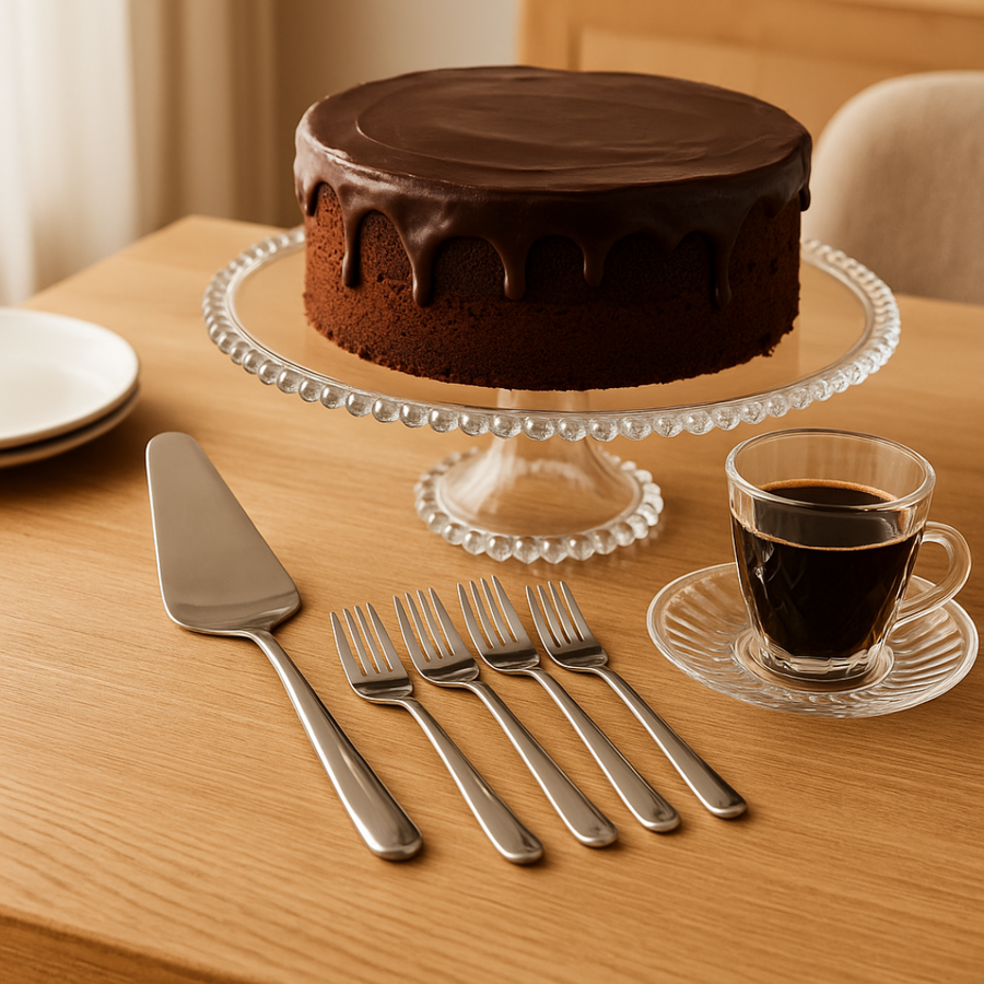 mesa posta com boleira de vidro bolo de chocolate garfos de sobremesa e xícara de café expresso