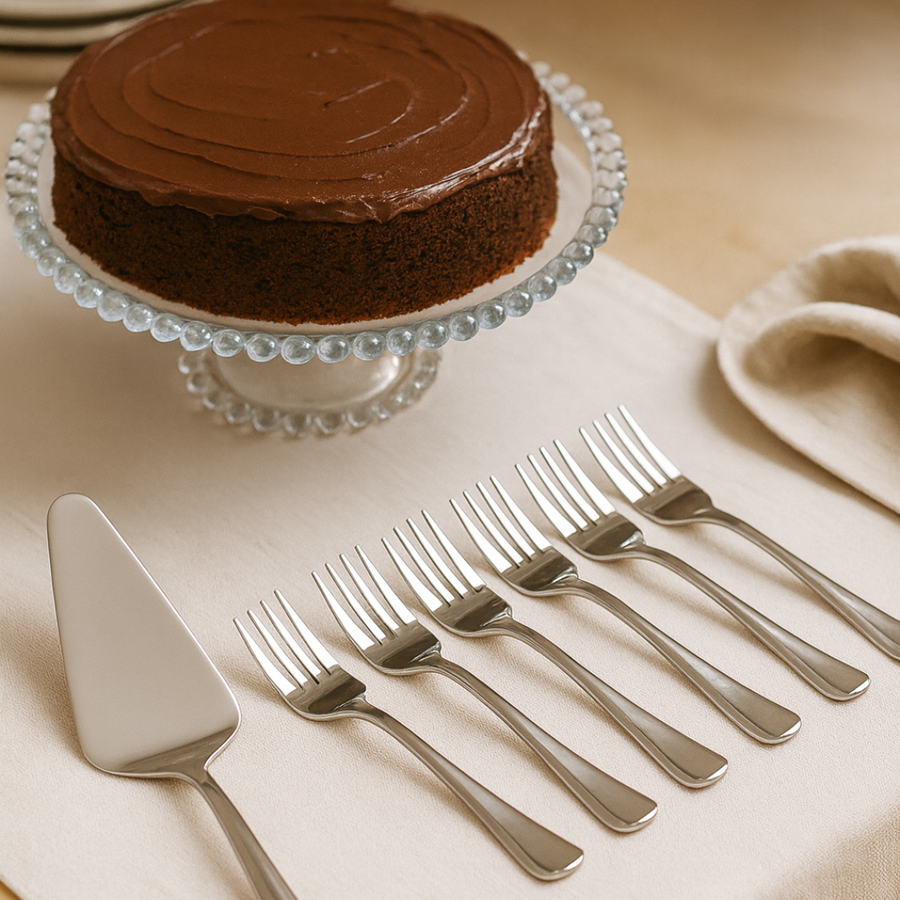 boleira de vidro com pérolas e bolo de chocolate acompanhada de garfos e espátula cromados sobre toalha bege