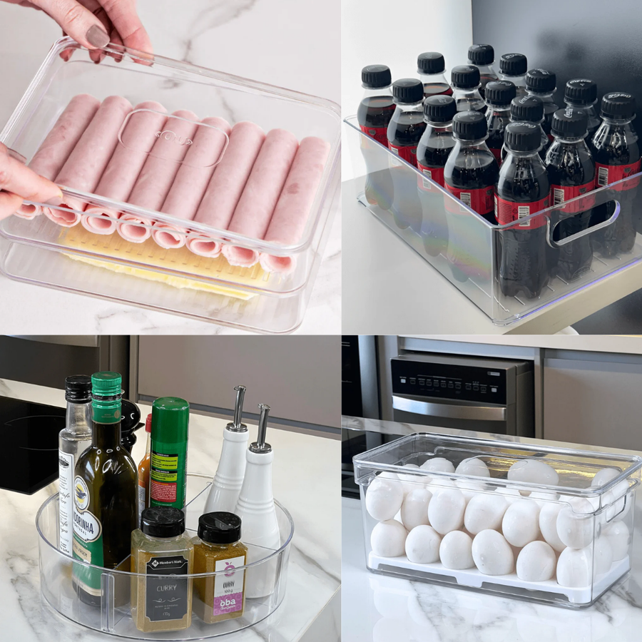 Kit organizador de geladeira transparente com frios ovos e temperos
