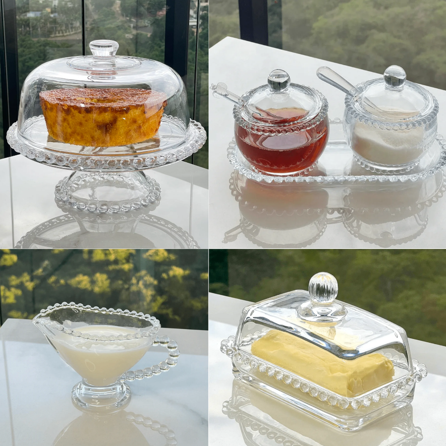 Kit mesa posta Pearl com tampas de vidro e potes de cristal texturizado