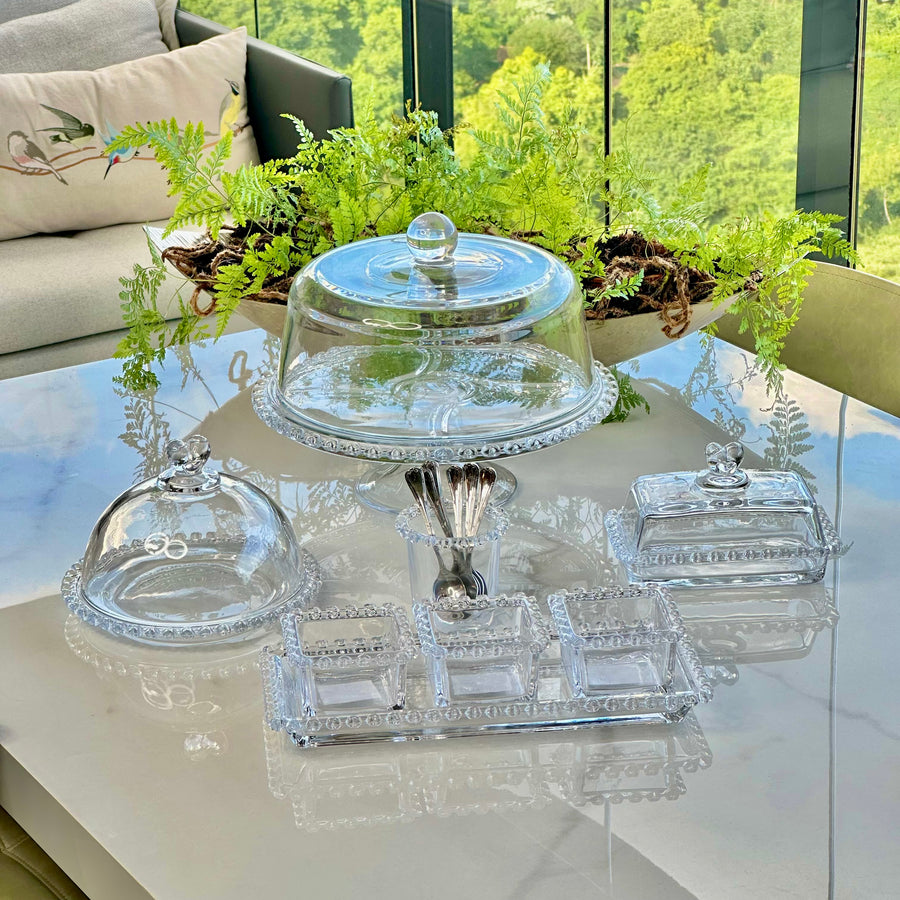 Conjunto de potes com tampa em vidro e acrílico em mesa de vidro com plantas