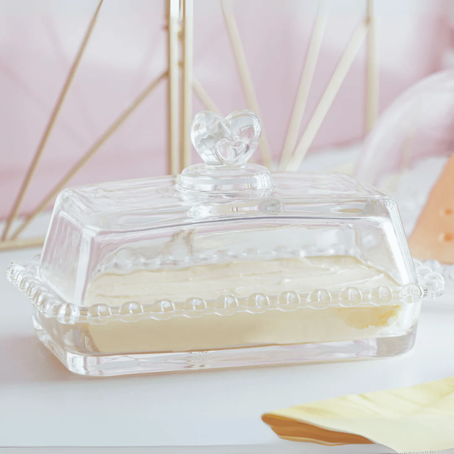 Manteigueira cristal com tampa e acabamento em relevo decorativo