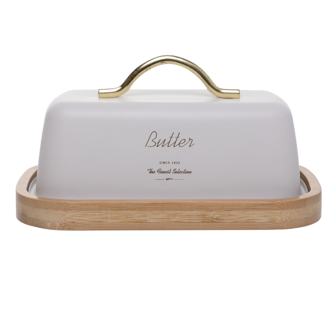 Manteigueira retangular off white com suporte de madeira natural