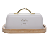 Manteigueira retangular off white com suporte de madeira natural