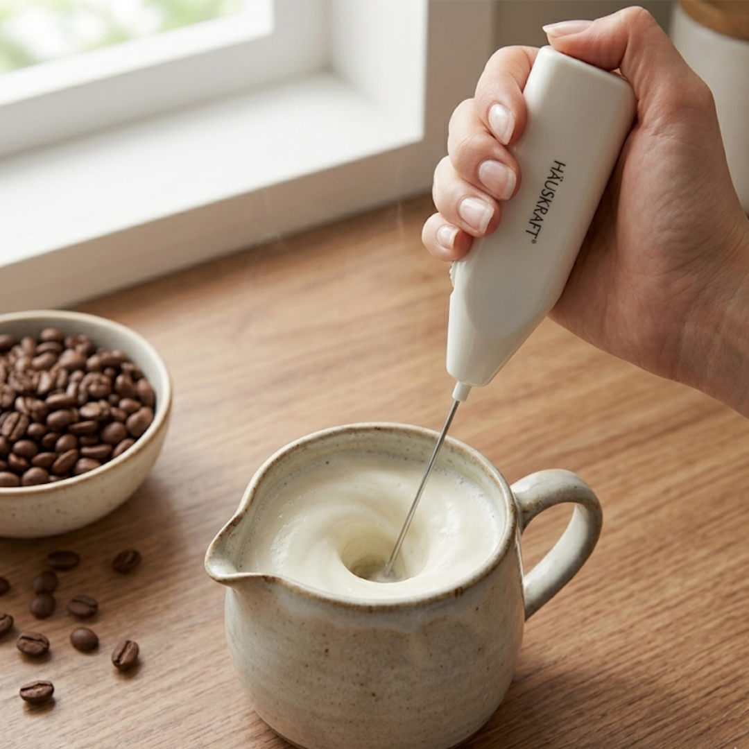 Mini Mixer Branco na bancada com xicara e leite
