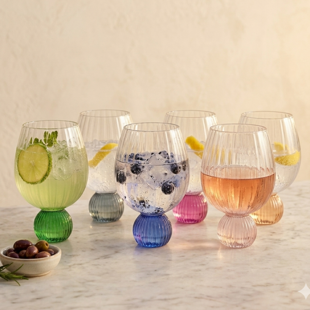 Taças de vinho com bases em tons variados servindo bebidas frias com frutas e gelo