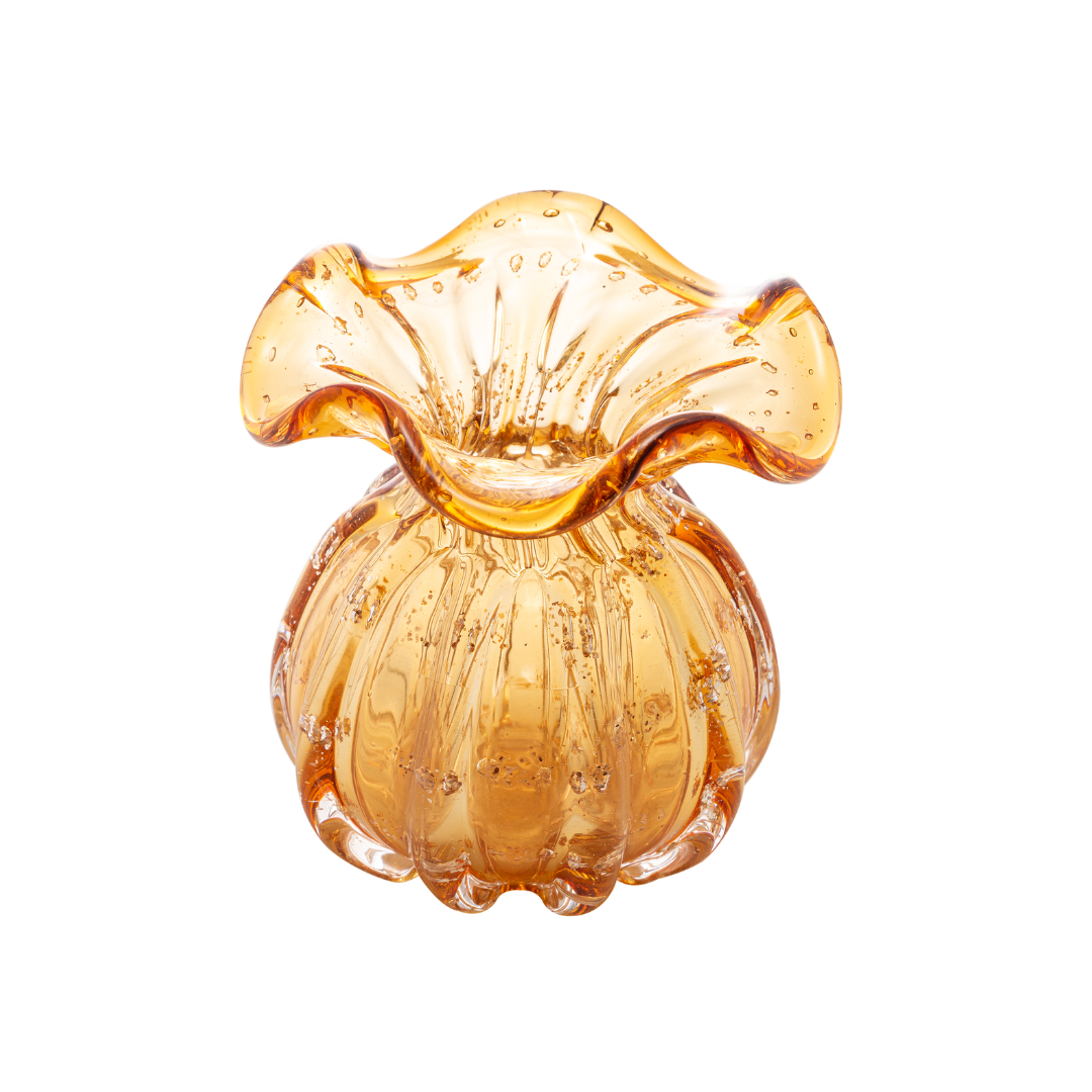 Vaso Murano Trouxinha de Vidro Italy Âmbar e Dourado 13cm