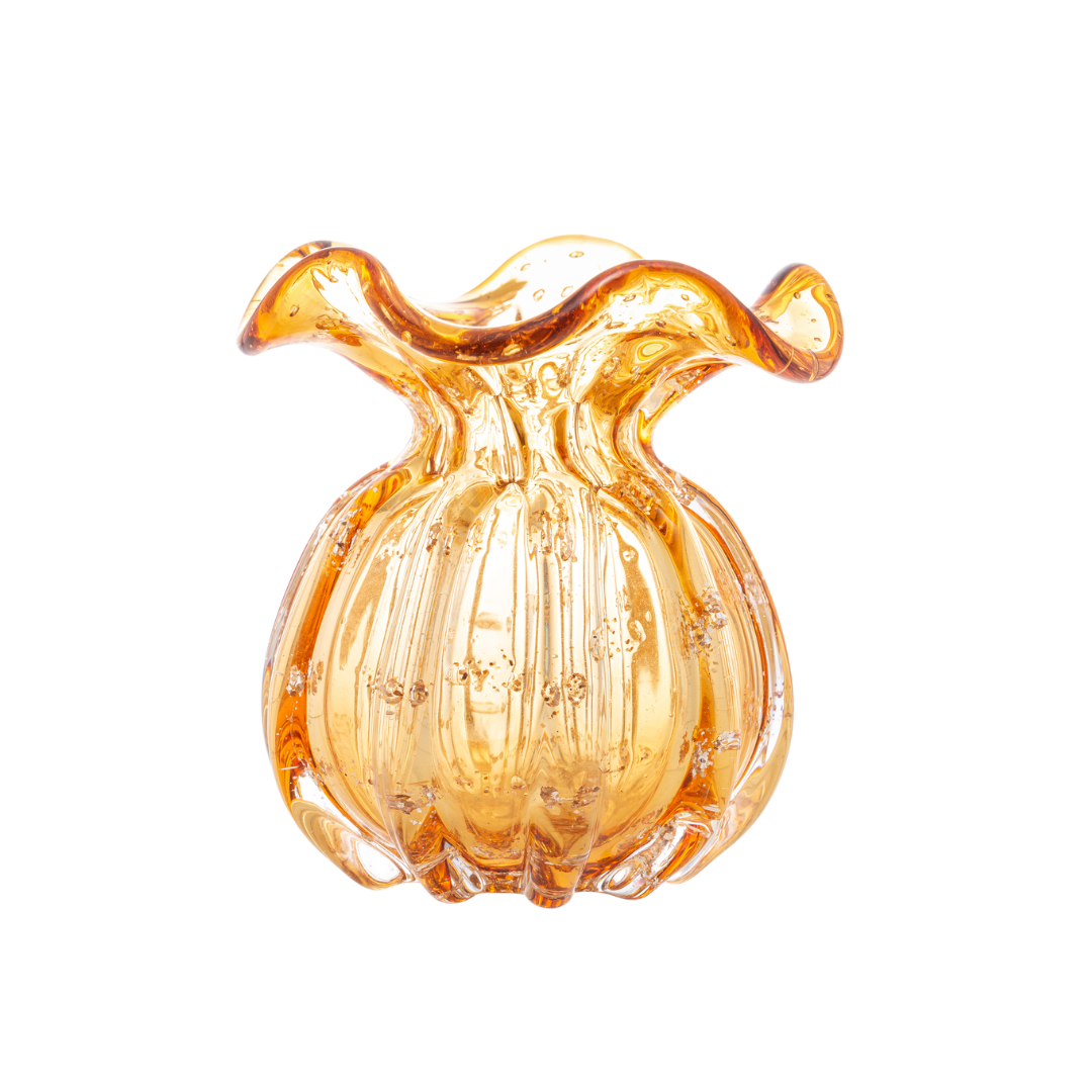 Vaso Murano Trouxinha de Vidro Italy Âmbar e Dourado 13cm