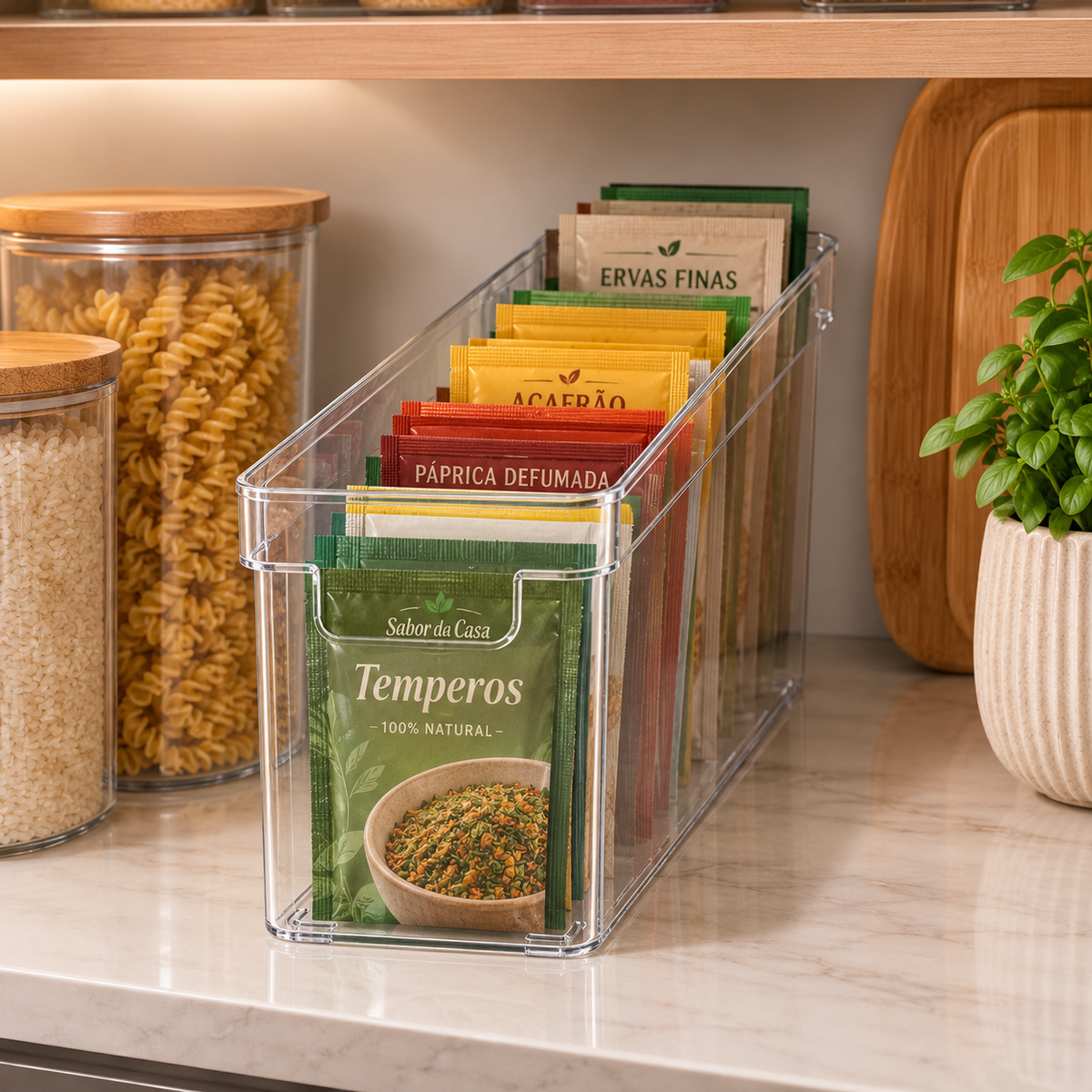 Organizador Clear 37cm x 10cm com temperos naturais da bancada