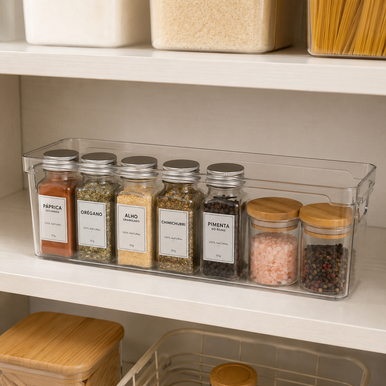 Organizador Clear 37cm x 10cm com temperos naturais na despensa