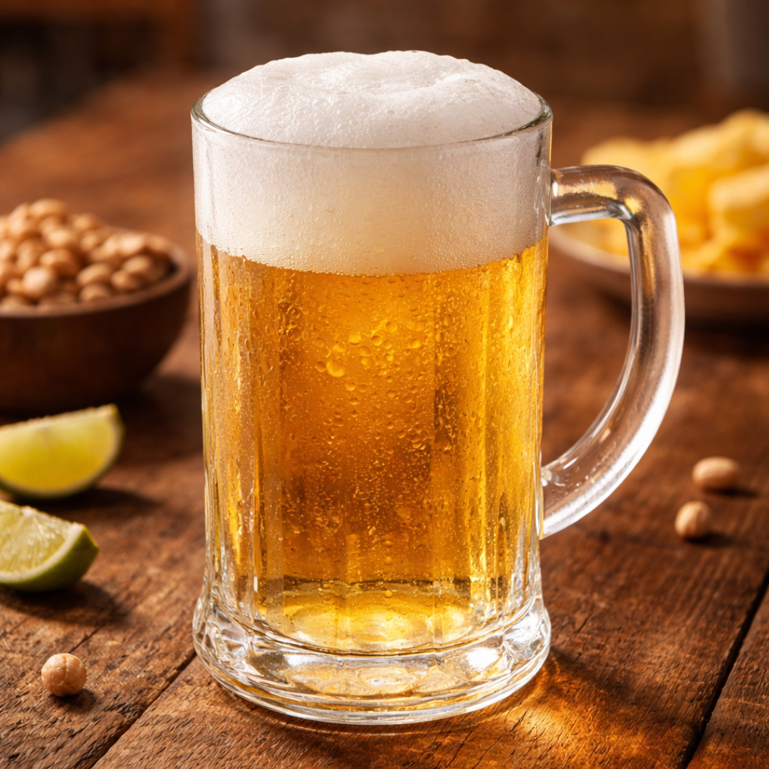 Caneca de chopp vidro com cerveja gelada e espuma abundante na mesa
