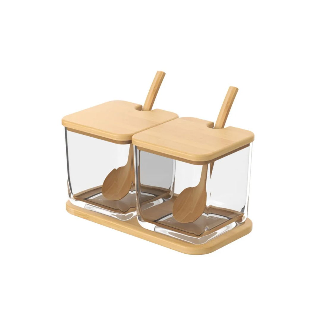 Porta Condimentos Duplo em Bambu com Colher Brisa 20cm