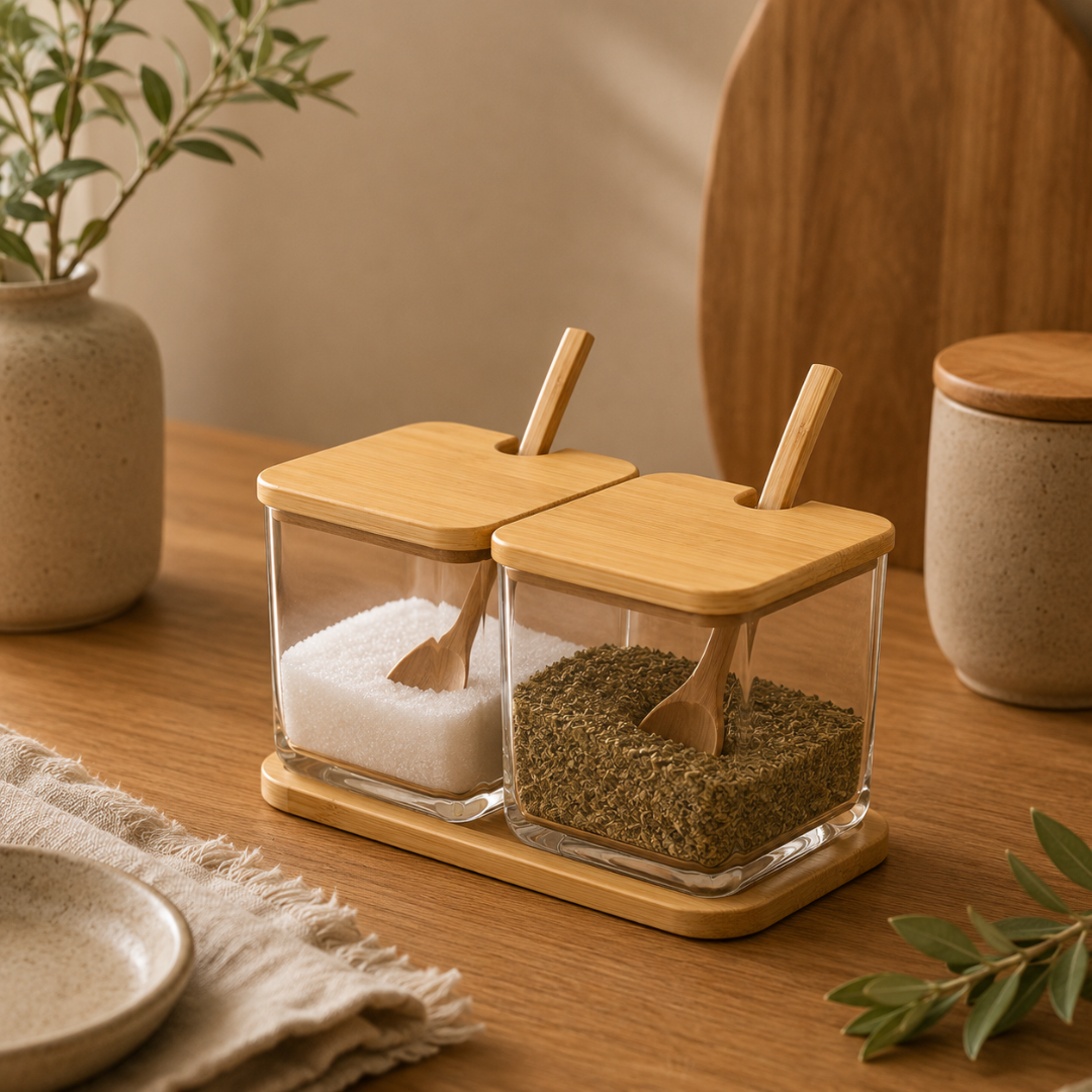 Porta Condimentos Duplo em Bambu com Colher Brisa 20cm na bancada