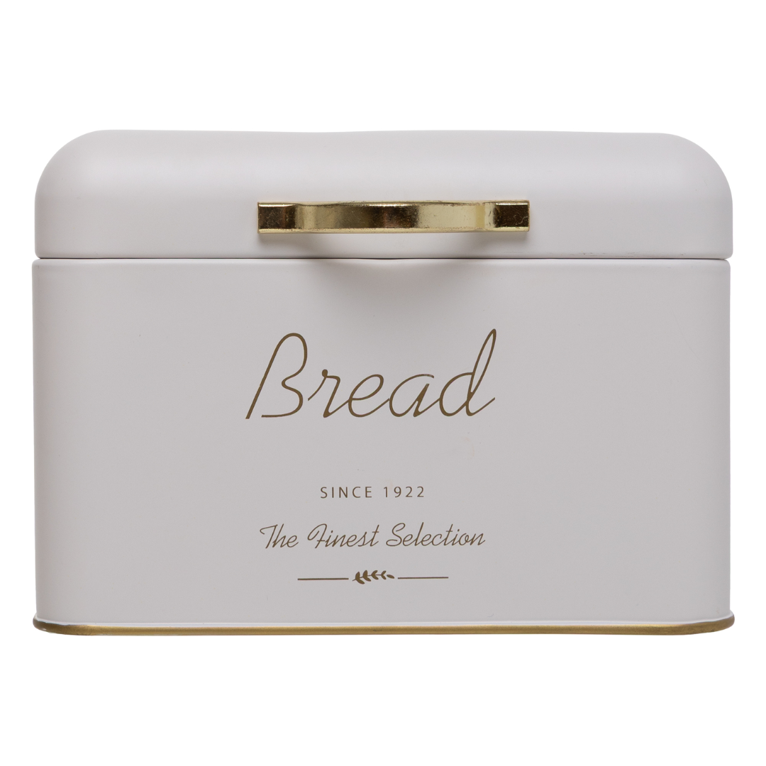 Detalhe da alça dourada e inscrição Bread na caixa de metal