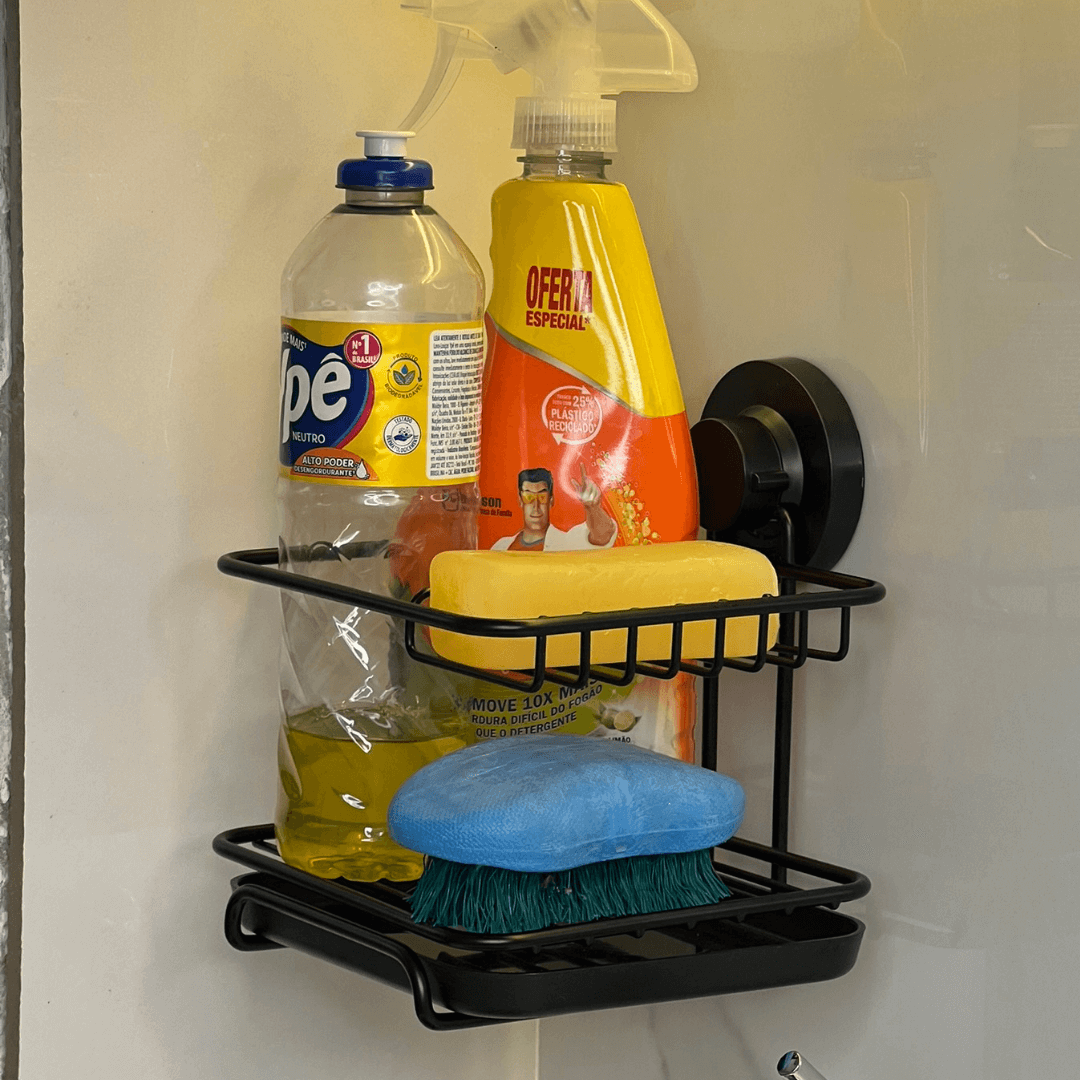 Suporte Para Detergente e Esponja com Fixação por Ventosa Preto Fosco