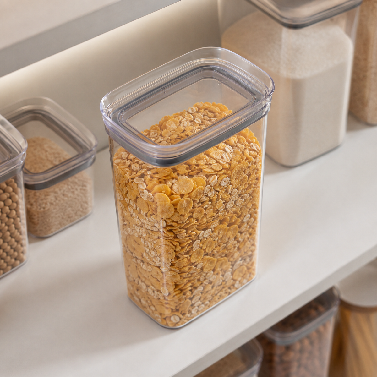 Pote Porta Mantimento Organizador Retangular com Tampa Hermética Natural Block 2,3 Litros com mantimentos na bancada 