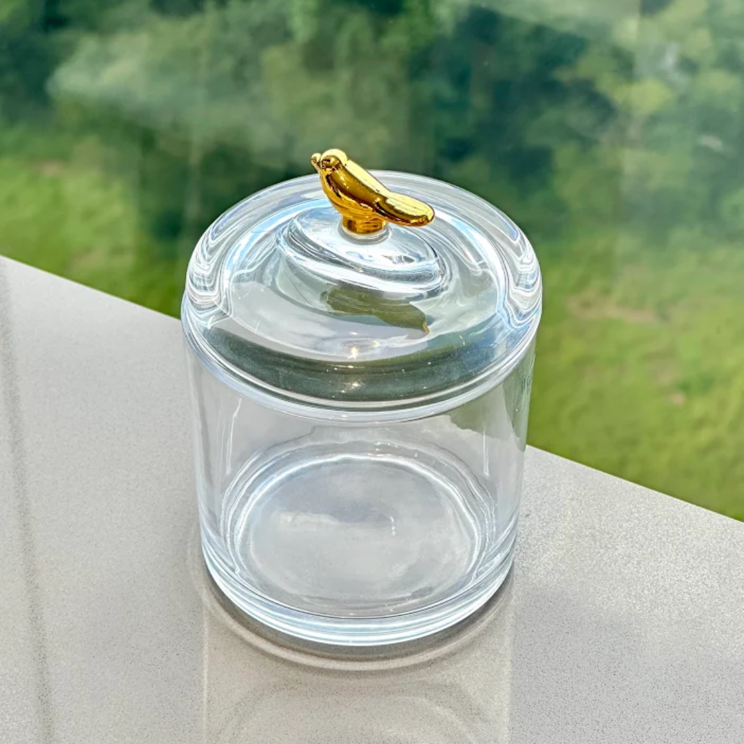 Pote com Tampa de Cristal Ecológico Golden Bird 14,5cm na bancada