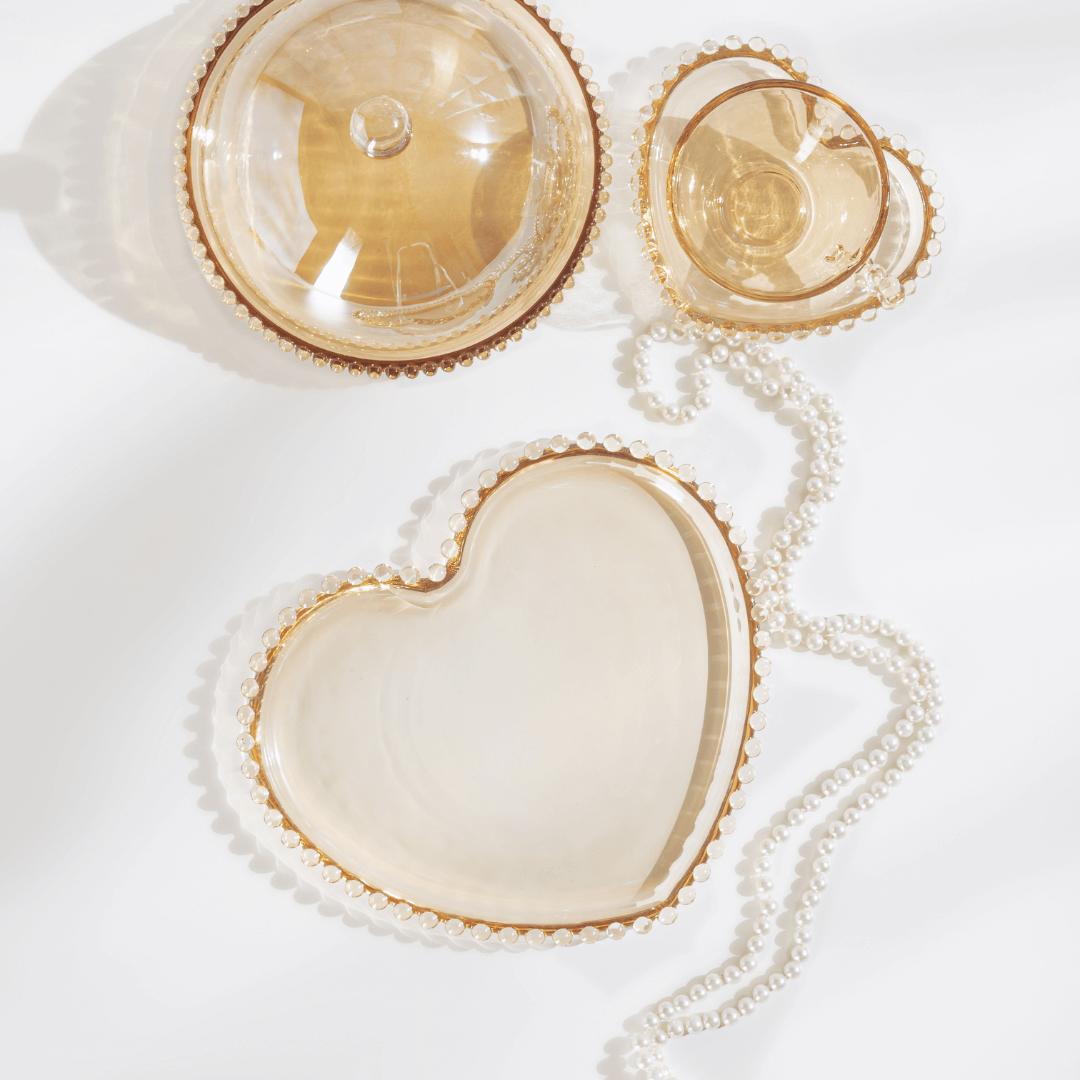 Prato Cristal Coração Pearl Bolinha Âmbar - 25 cm