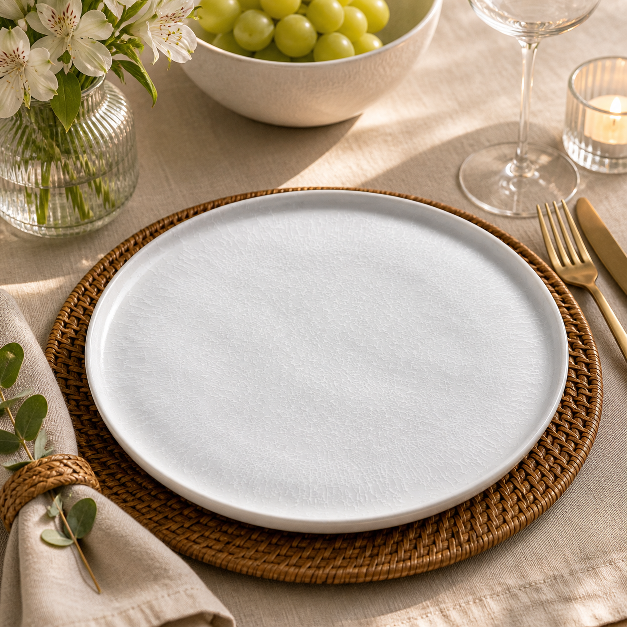 Prato raso cerâmica branco em mesa posta com taça de vinho e flores