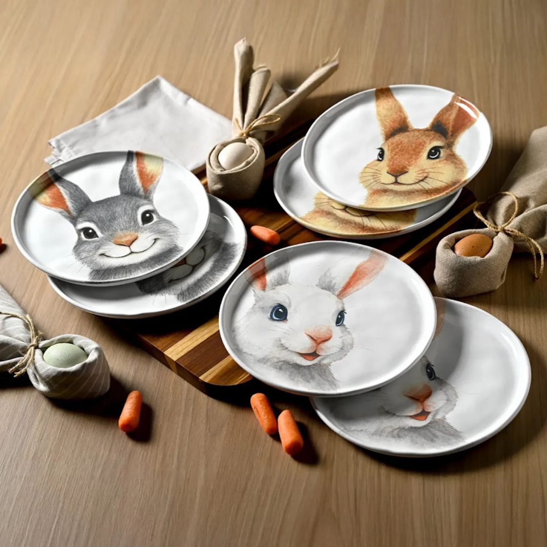 Pratos Coelhos Variados na mesa 