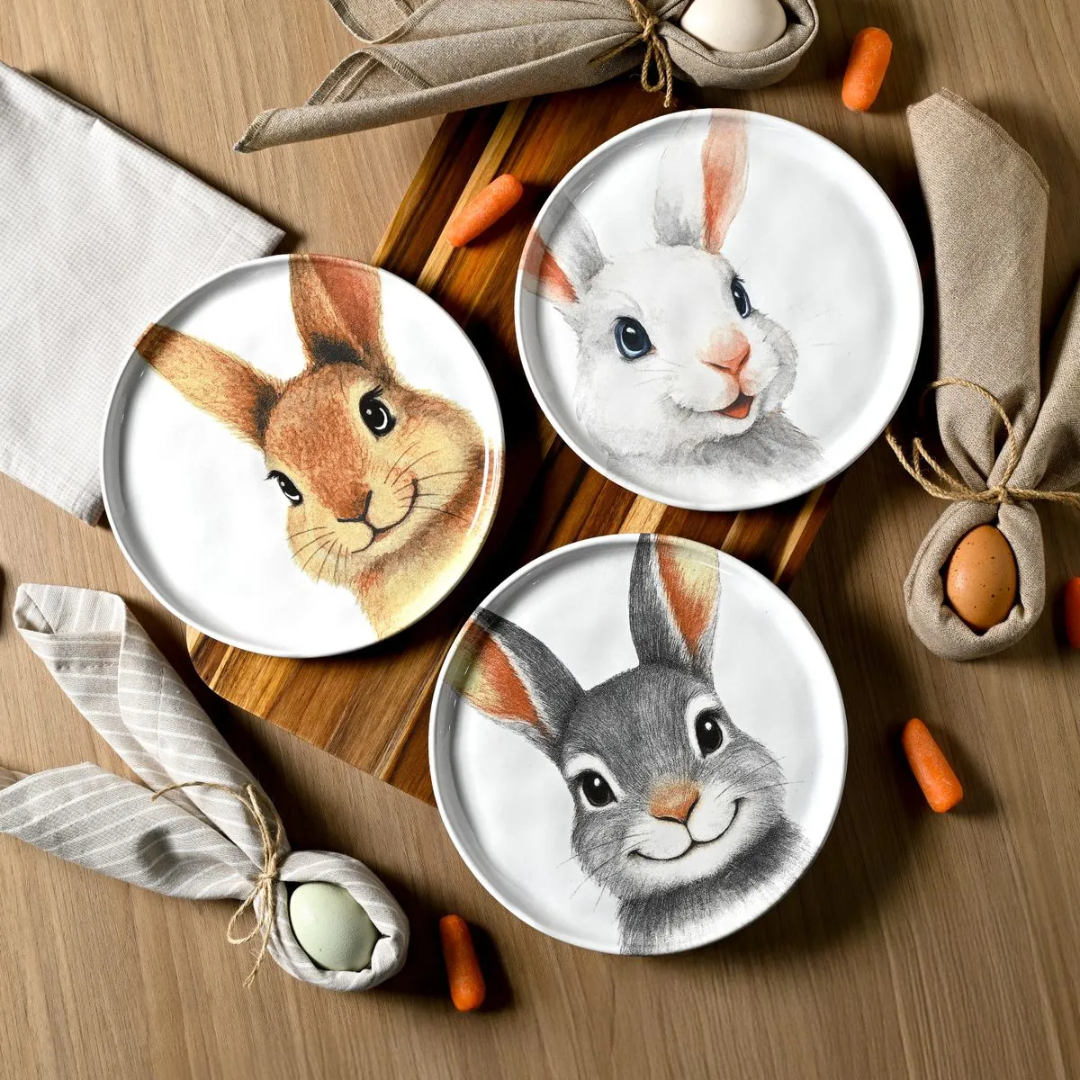 Pratos de Coelhos Pascoa na bancada