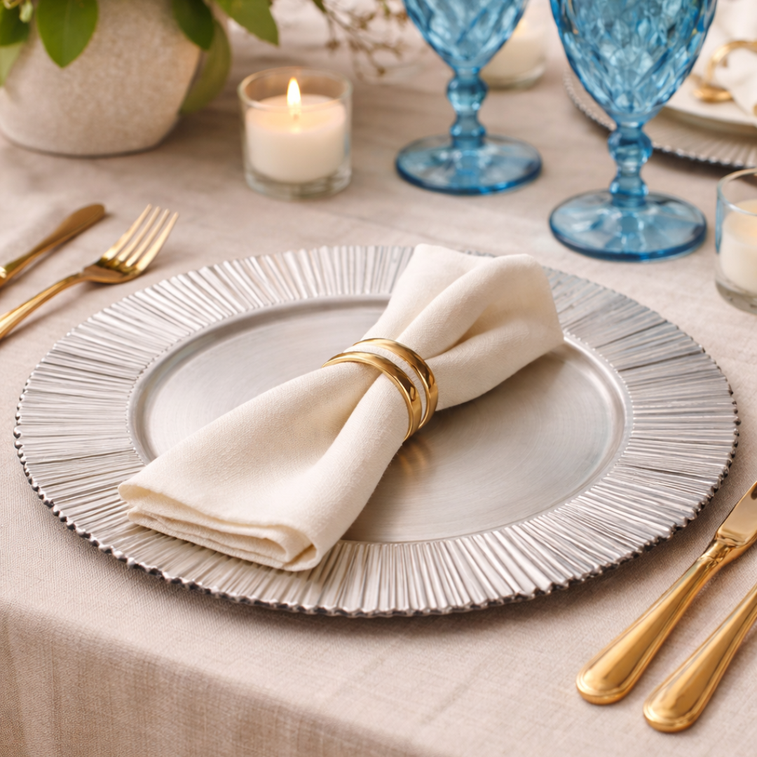 Sousplat prata em mesa posta com taças azuis e guardanapo branco