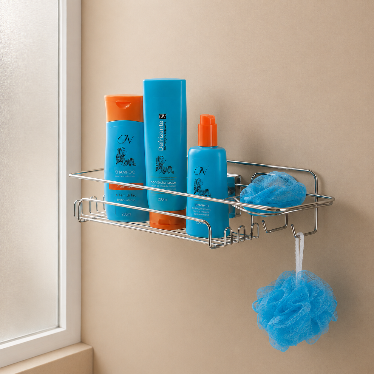 Suporte Porta Shampoo Retangular com Ventosa Cromado na parede