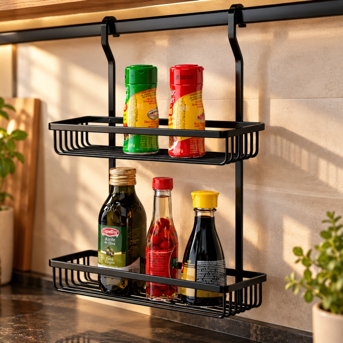 Suporte Retangular Duplo Para Barra Preto Fosco Linha Black na cozinha