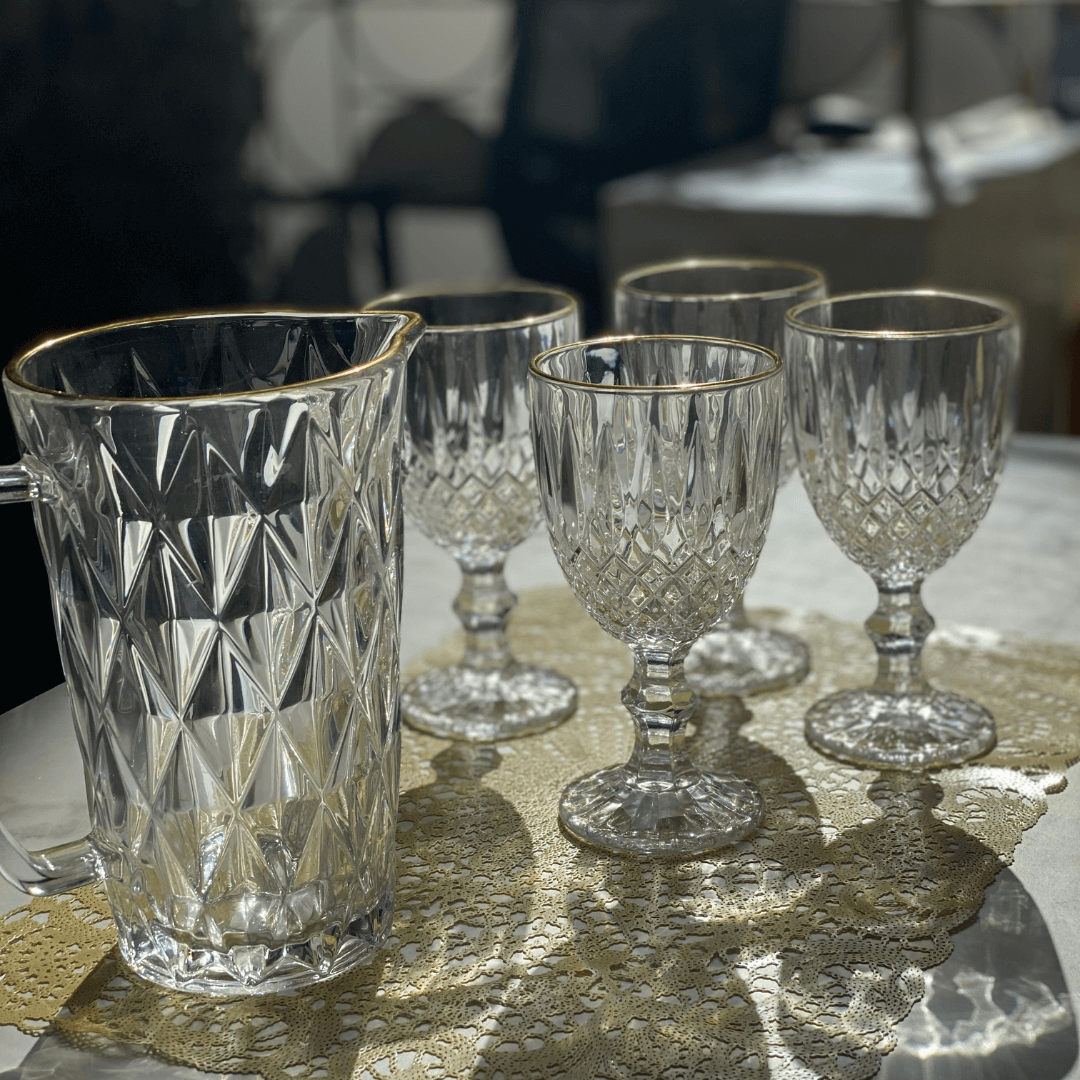 Jogo 6 Taças para Água de Vidro com Fio de Ouro Diamond Transparente 325ml