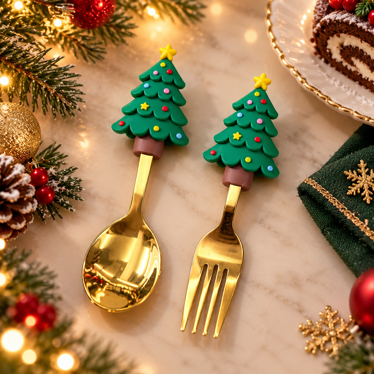 Kit Garfo e Colher para Aperitivo Arvore de Natal Dourado 2 Peças