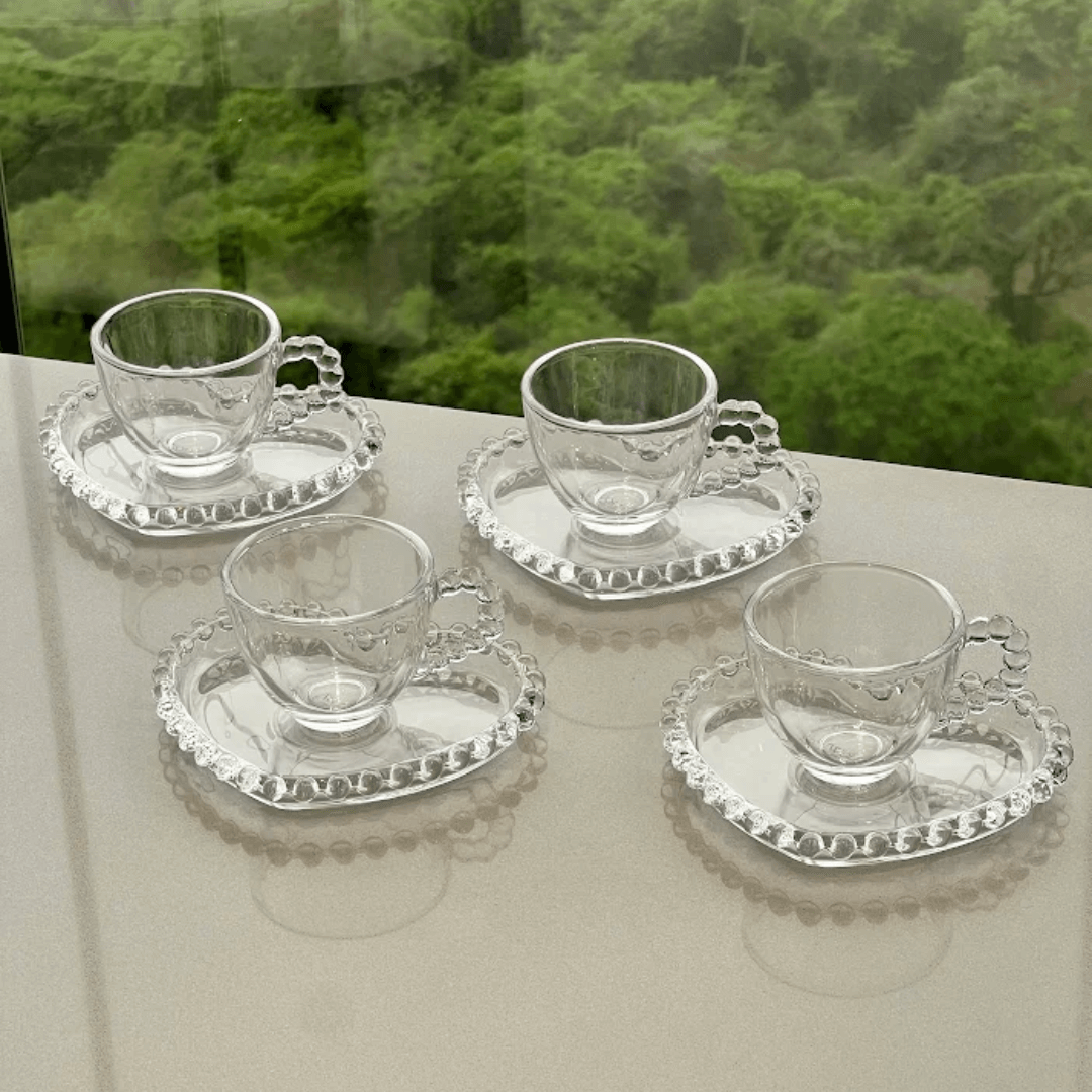 Jogo de Xícaras de Café Cristal Com Pires Coração Pearl 4 Peças - 85ml