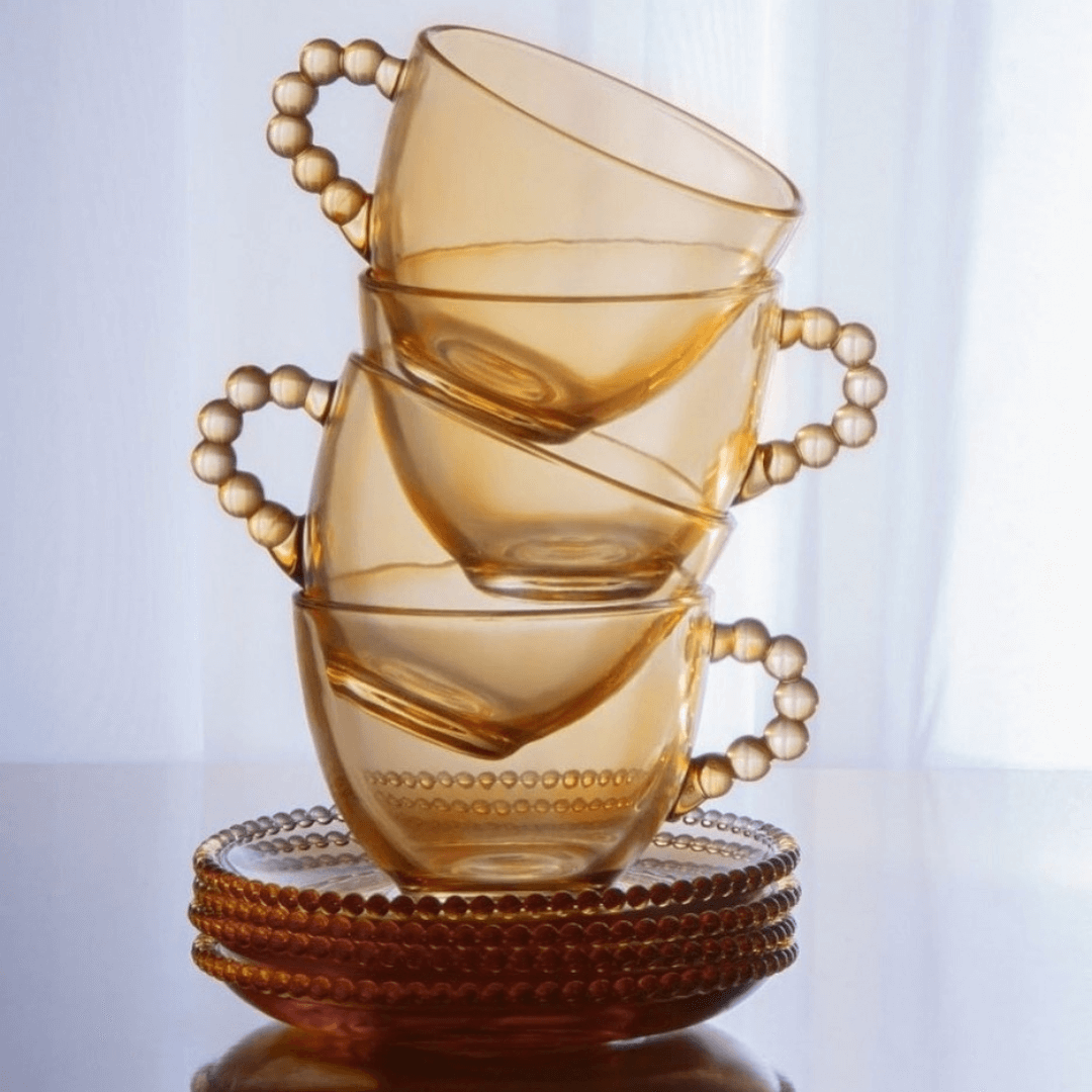 Jogo 4 Xicaras para Chá em Cristal com Pires Pearl Âmbar 180ml
